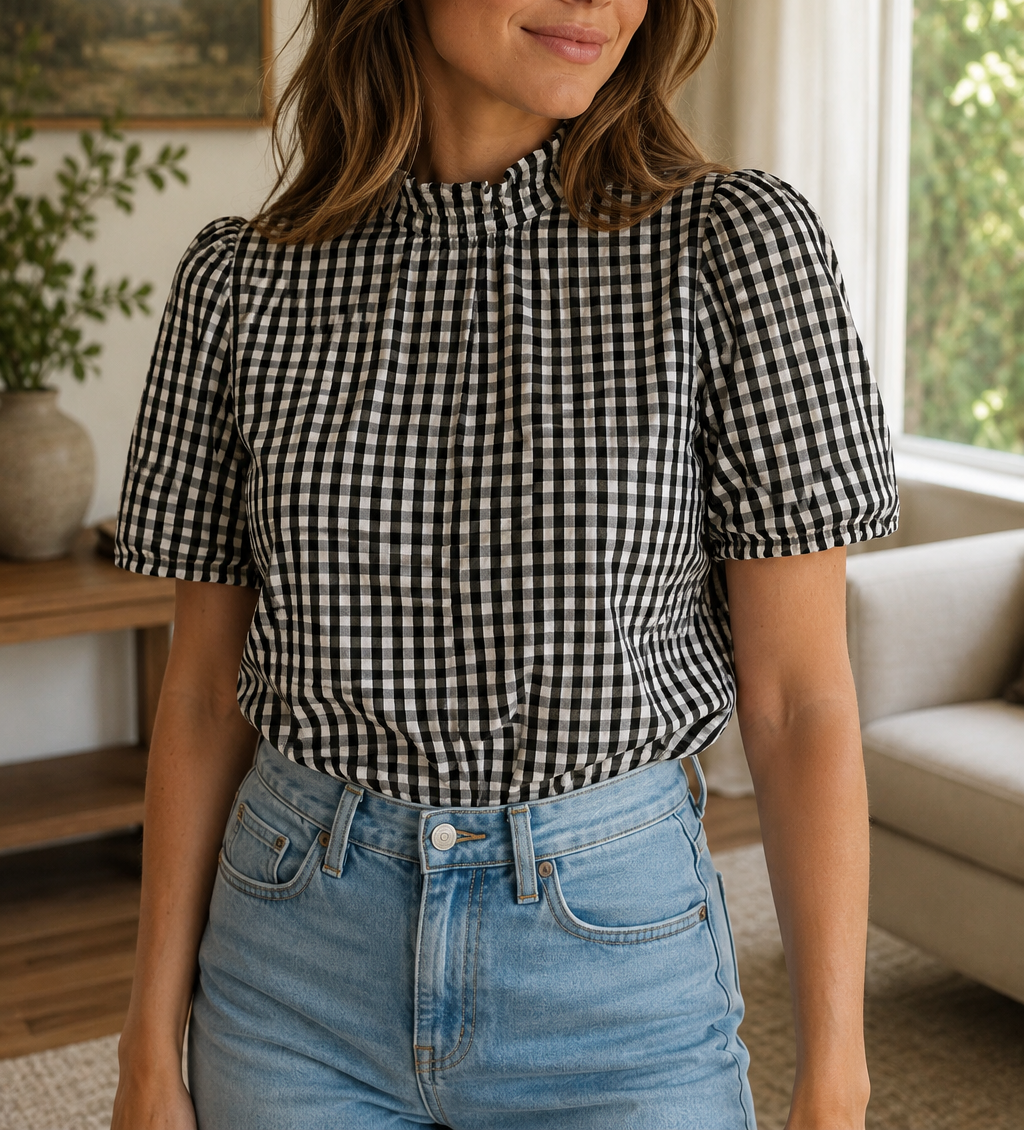 Black Plaid Frilled Blouse