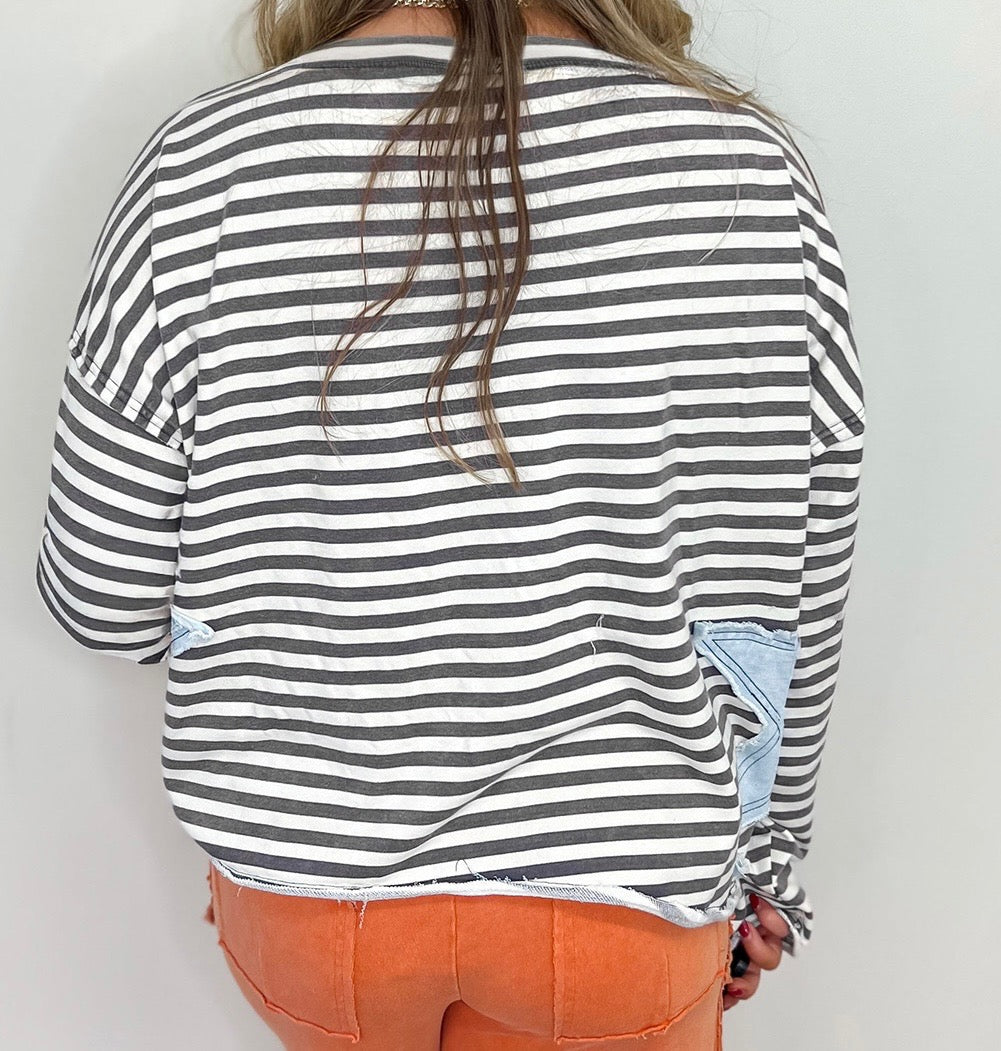 Gray Stripe Star Patch Knit Top LT