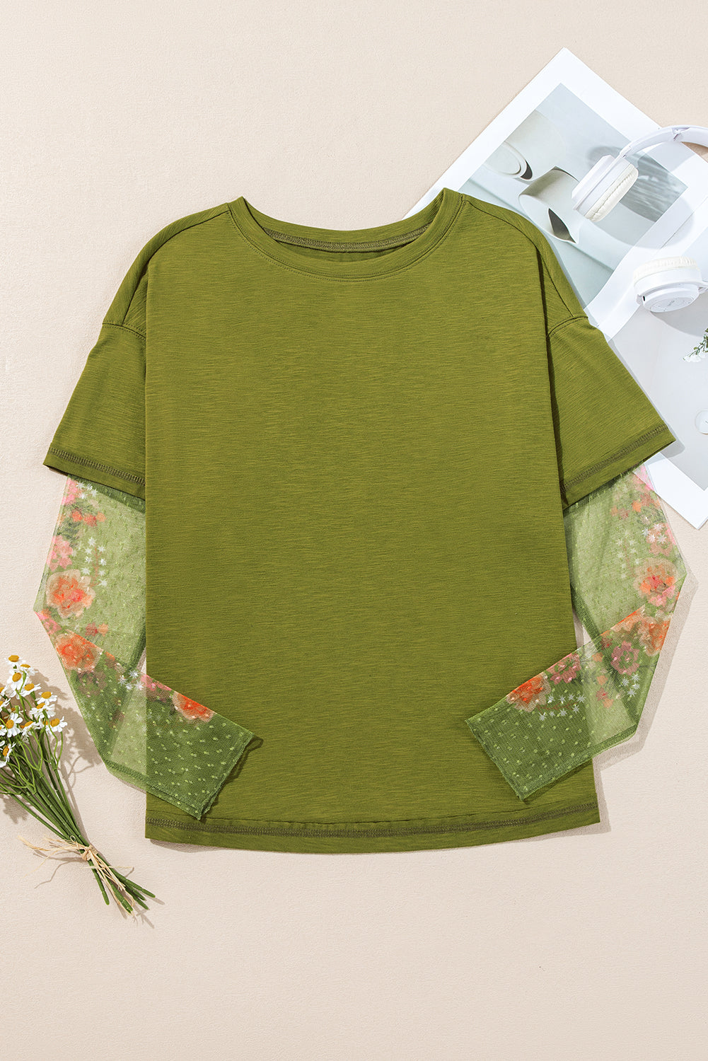 Green Floral Mesh Top LT