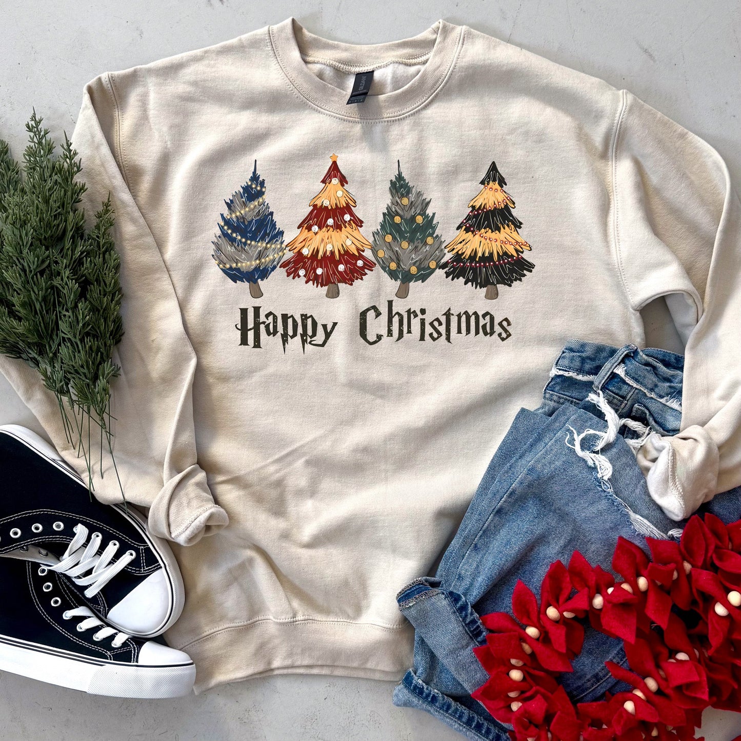 Happy Christmas House Trees Sweatshirt or Tee