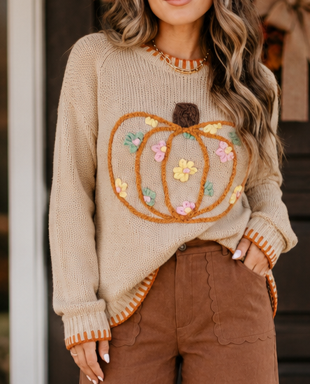 Floral Embroidered Pumpkin Sweater RTS