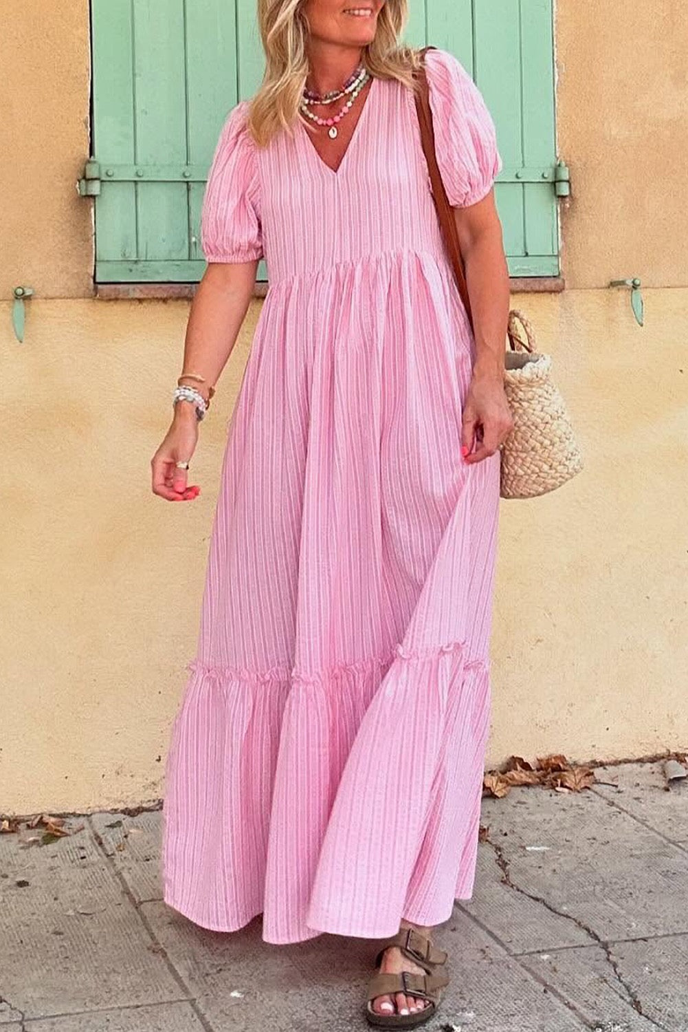 Pink Striped Puff Sleeve Maxi LT