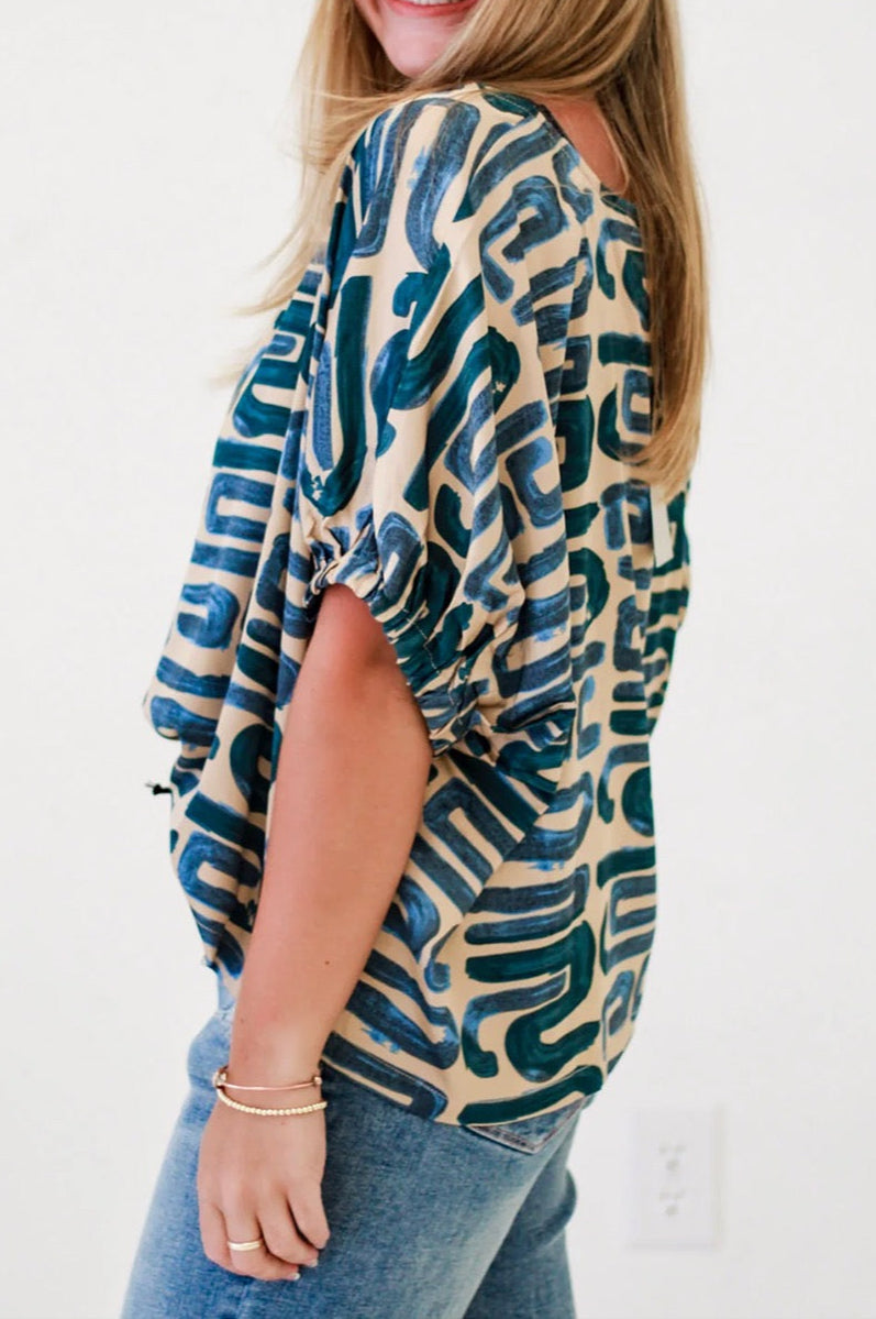 Turquoise Abstract Loose Blouse LT