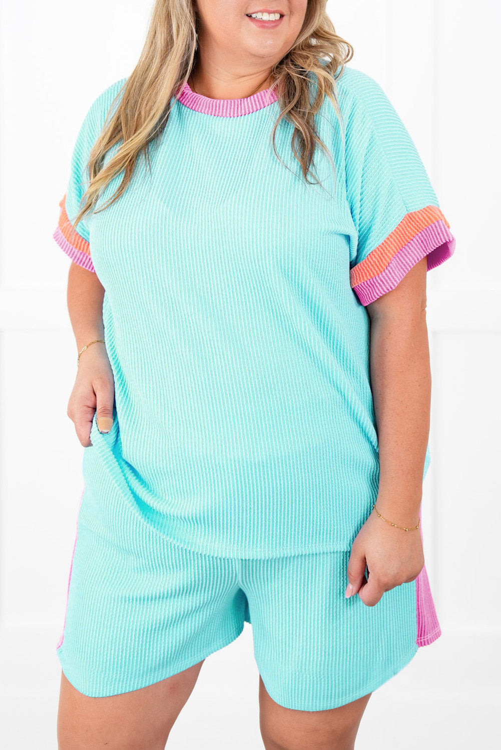 Light Blue Plus Size Color Block Plus Size Set RTS