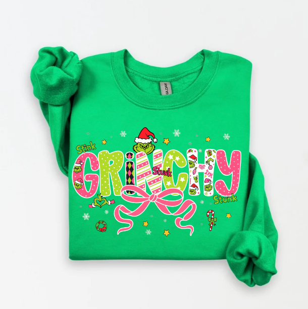 GRINCHY WITH BOW SWEATSHIRT.