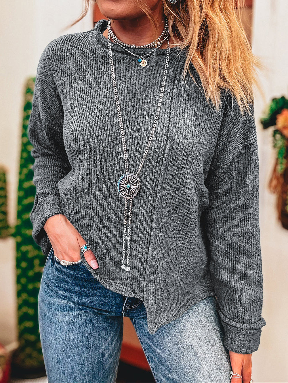 Grey Raw Edge Uneven Hem Sweater LT