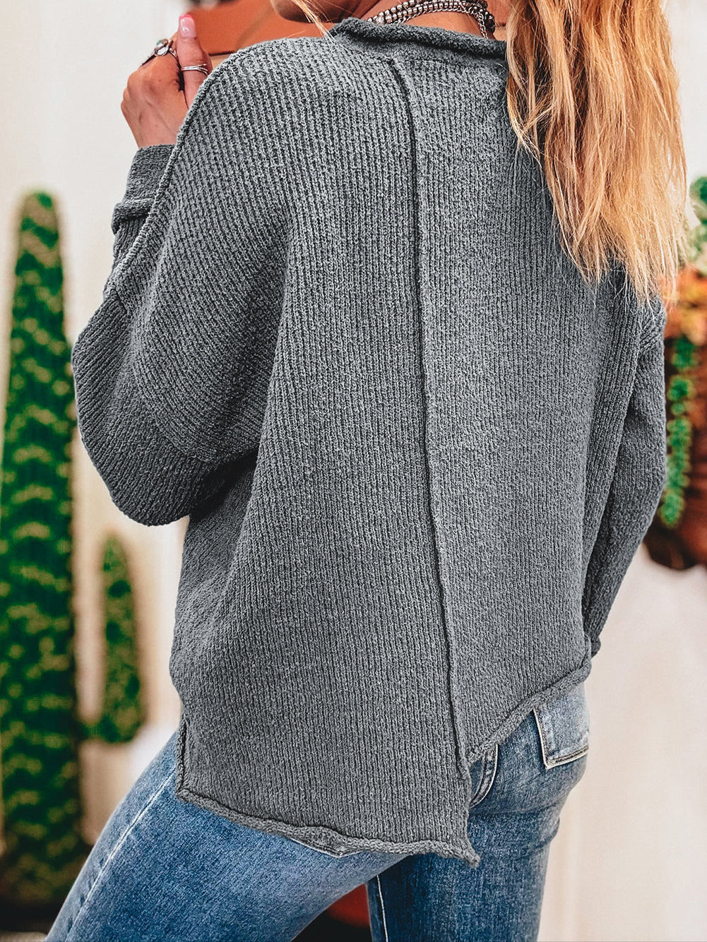 Grey Raw Edge Uneven Hem Sweater LT