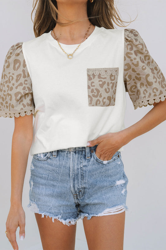 White Leopard Crochet Trim Top RTS