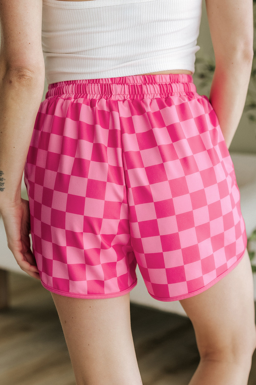 Pink Checkered Drawstring Elastic Waist Casual bottoms RTS