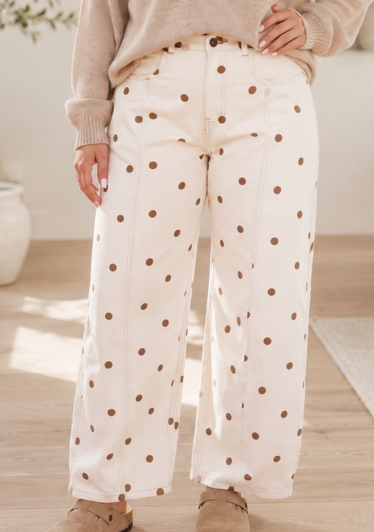 Beige Polka Dot Plus Barrel Jeans RTS
