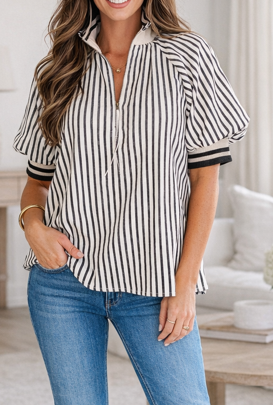Black Stripe Polo Collar Blouse LT