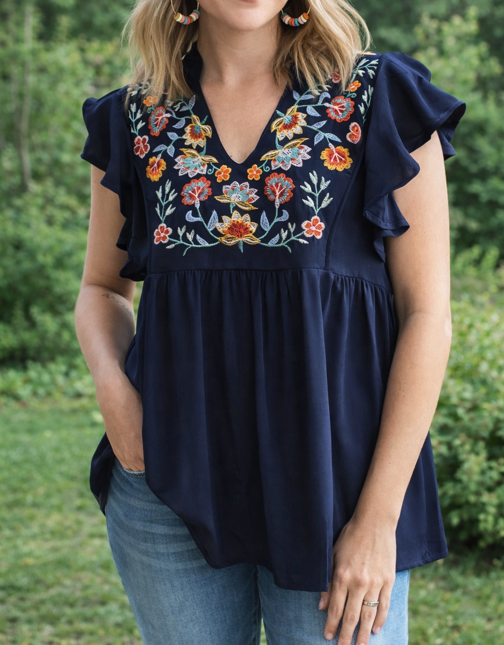 Blue Ruffled Floral Embroidered Blouse RTS
