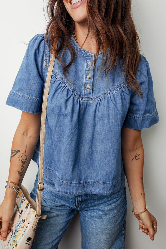 Blue Pleated Denim Top January.