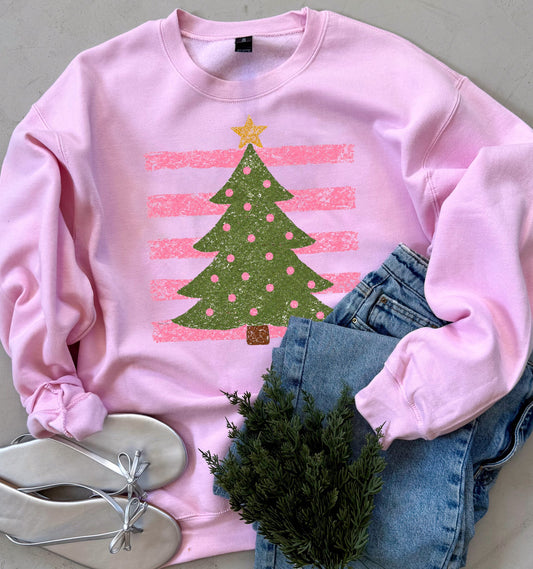 Pink Striped Christmas Tree Sweatshirt or Tee