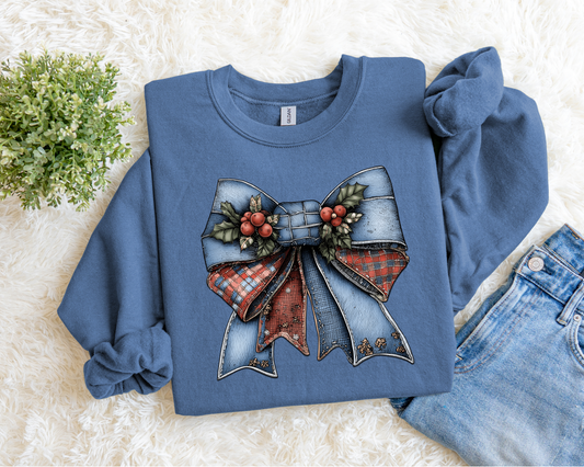 Denim Patchwork Christmas Bow Sweatshirt.