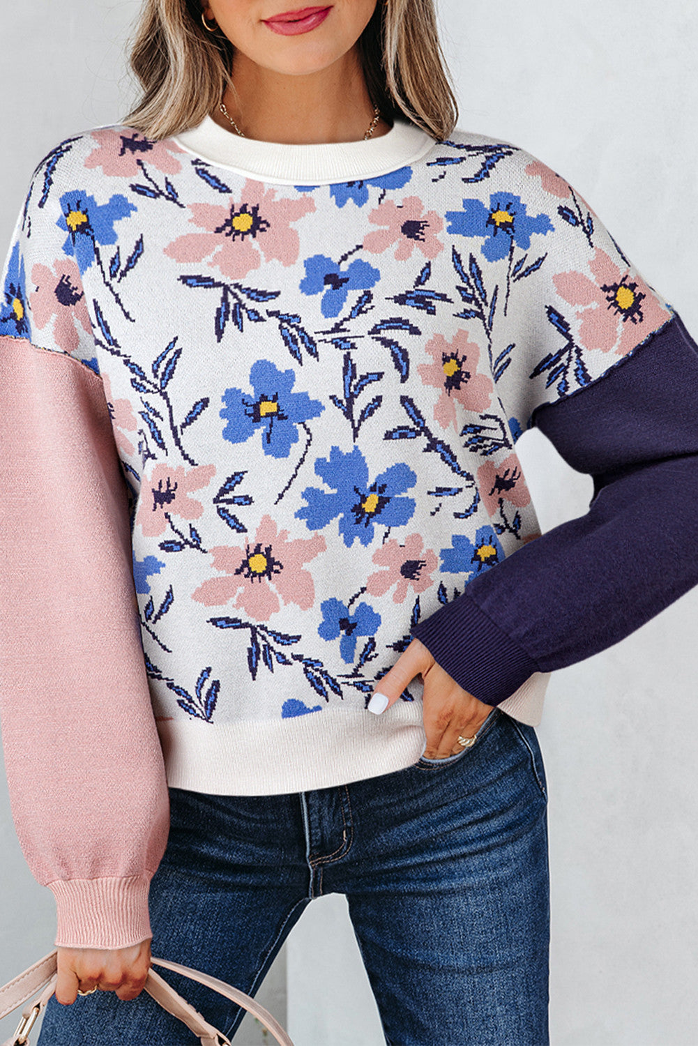 Floral Panel Sleeve Patchwork Sweater November.