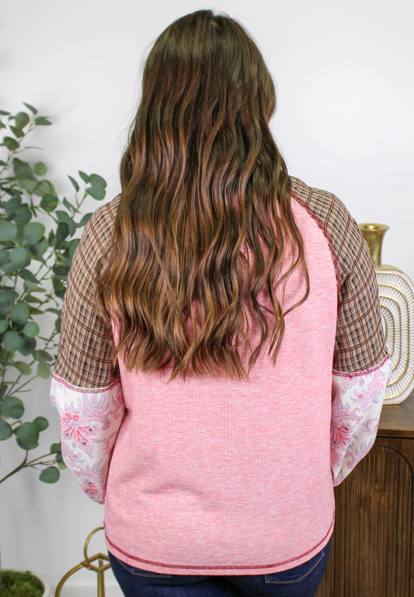 Pink Plaid Floral Top RTS