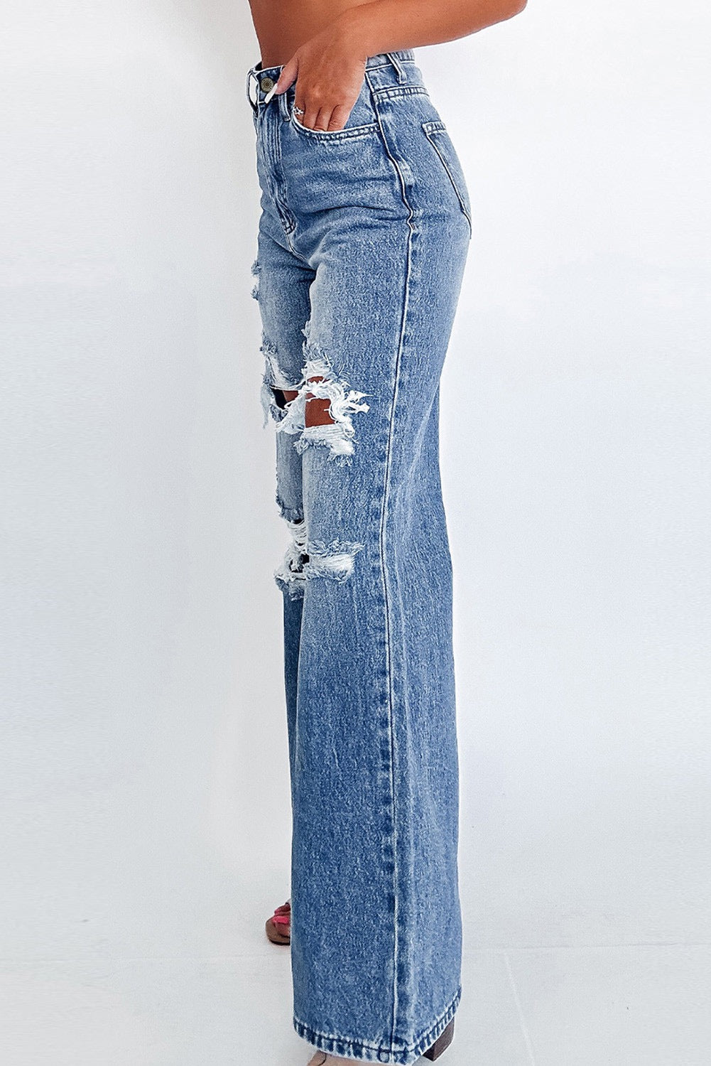 Blue Distressed Wide Leg Jeans December.