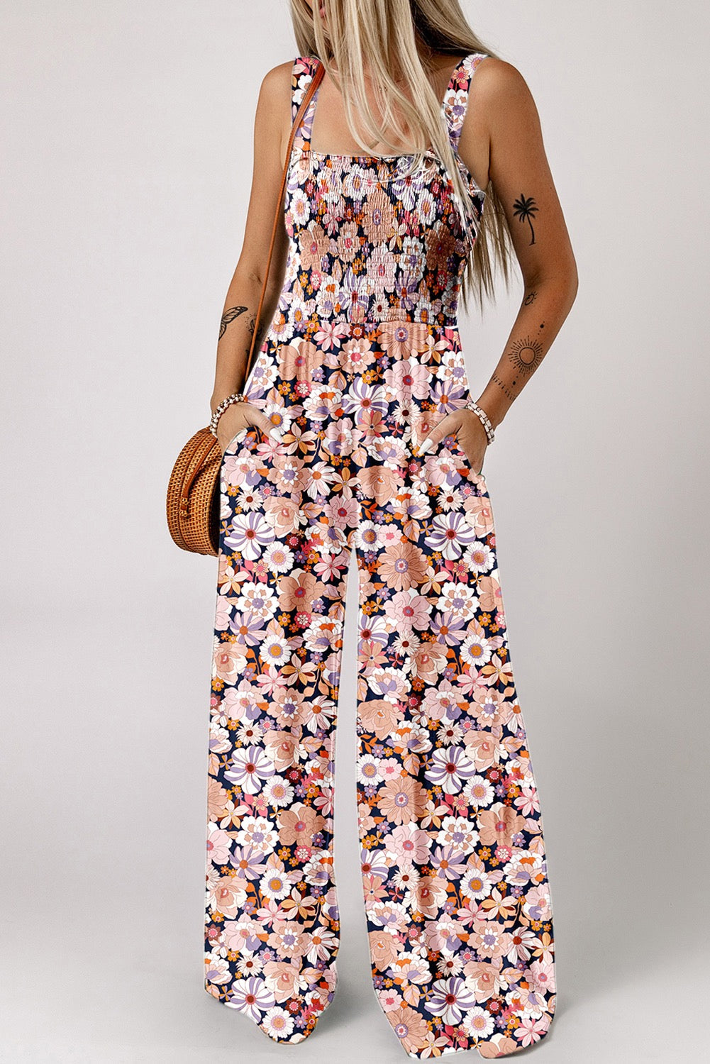Black Floral Print Smocked Jumpsuit May.