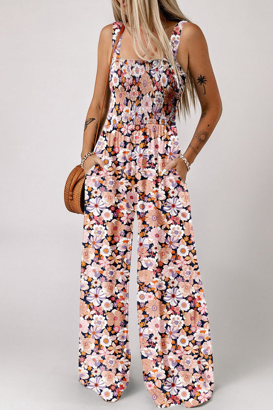 Black Floral Print Smocked Jumpsuit May.