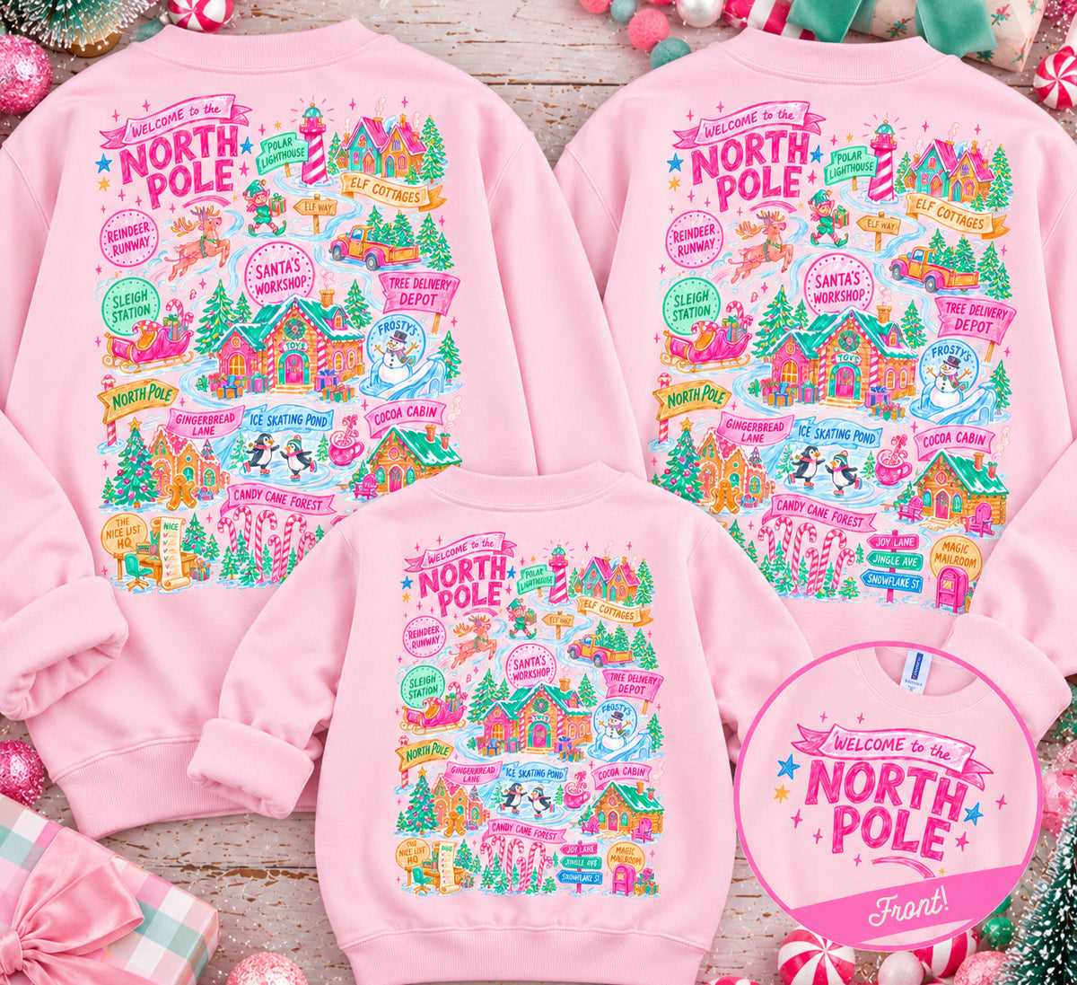 North Pole Front & Back Adult, Youth, Toddler Christmas Sweatshirts