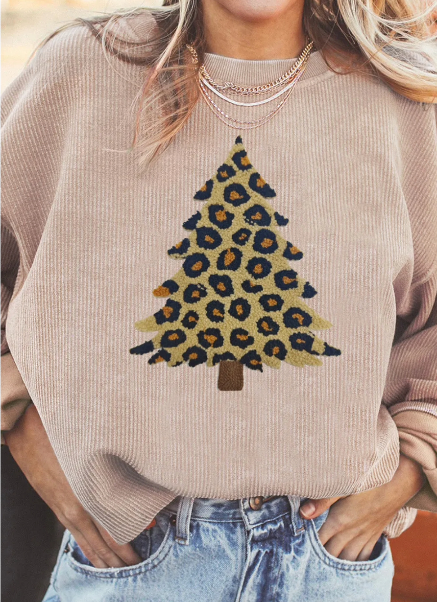 APRICOT LEOPARD CHRISTMAS TREE RIBBED SWEATSHIRT RTS