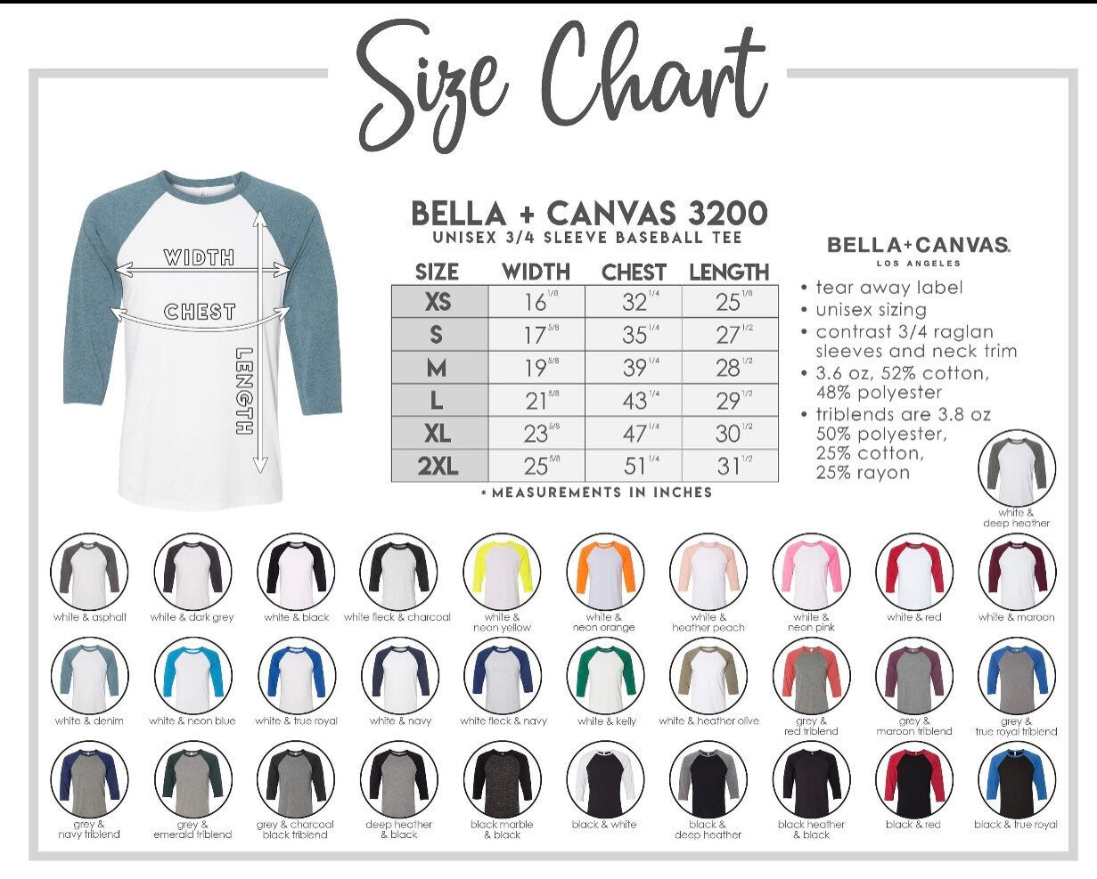 Bella Canvas Unisex 3/4 Sleeve Baseball Tee